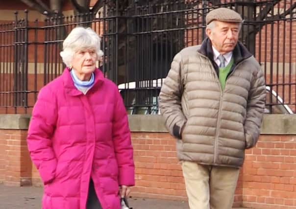 Lady Susan Zetland arriving with husband Lord Zetland at Teesside Crown Court where she has denied dangerous driving following a crash at a busy crossroads.