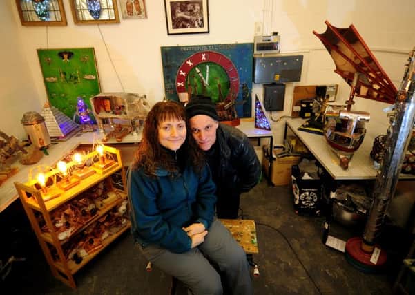 Artist Geoff Latz with Angela Boyce  at his workshop on Canal Road, Bradford
