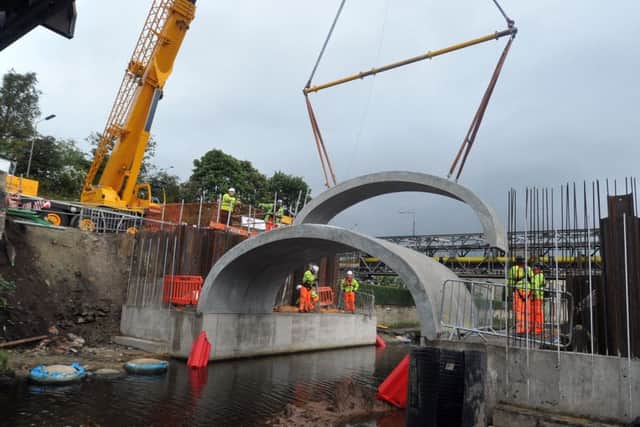 Part of the new Elland Bridge arch being lifted into place back in September.