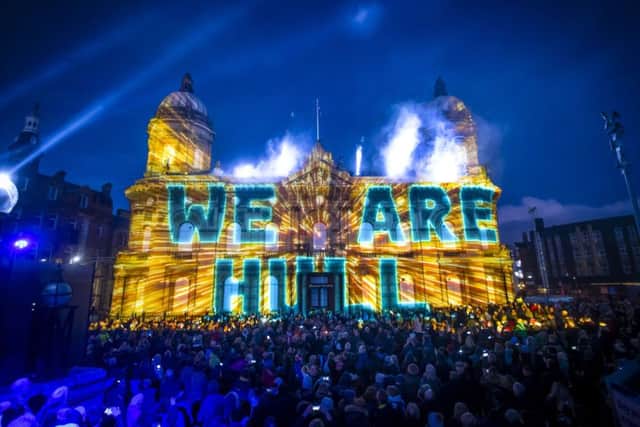 An installation titled We Are Hull by artist Zolst Balogh is projected onto the city's Maritime Museum.