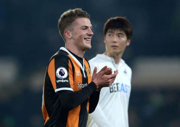 Hull City's Josh Tymon, scorer of his team's second goal, smiles at the final whistle of the FA Cup match with Swansea City.
