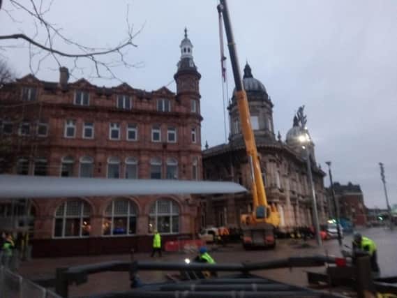 The blade being lifted into place