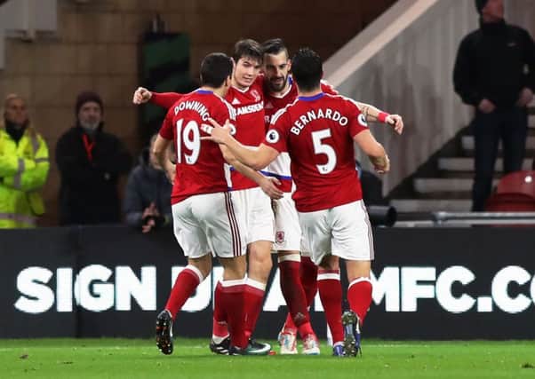 Middlesbrough's Alvaro Negredo, second right, celebrates scoring his side's second goal with team-mates as Sheffield Wednesday were beaten 3-0 (Picture: Simon Cooper/PA Wire).