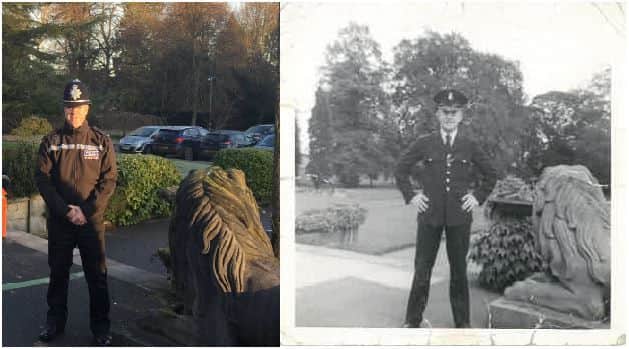 DC Kevan Howe stands in uniform on his last day in the same spot at Police HQ where his dad, Peter Howe, stood in the late 50s when he first joined North Yorkshire Police.