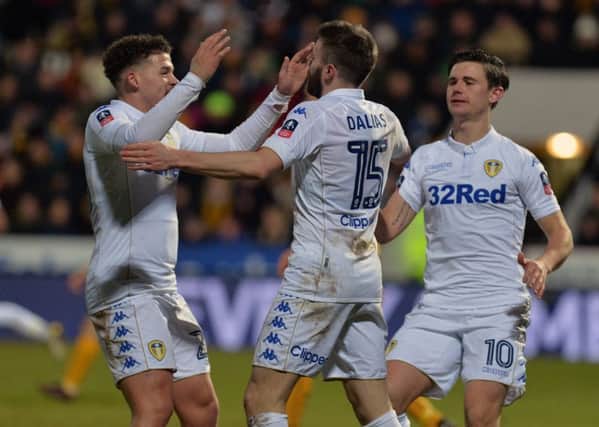 Stuart Dallas celebrates his equaliser with Kalvin Phillips and Marcus Antonsson.  Picture: Bruce Rollinson