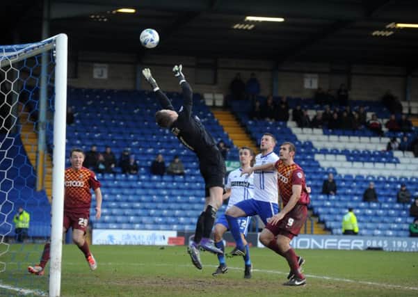 Goalkeeper Ian Lawlor in action for Bury against Bradford.  
Picture: Tony Johnson