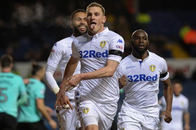 Chris Wood celebrates his winning goal against Derby. Picture Bruce Rollinson