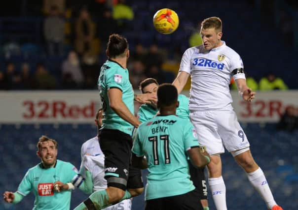 Chris Wood heads in the only goal of the game to give Leeds United victory over Derby County (Picture: Bruce Rollinson).