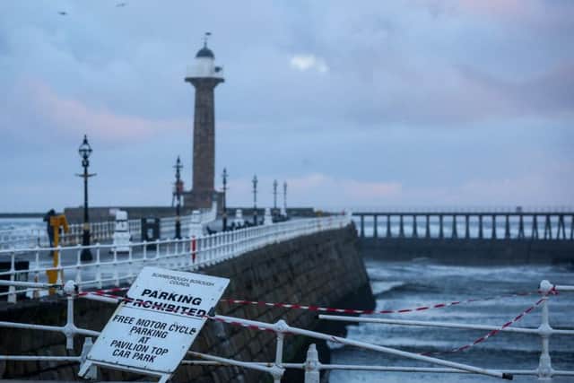 Damage to the pier after the tidal surge hit Whitby yesterday.