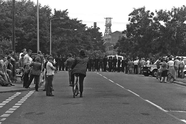 July 9th 1984: 
Police block the entrance to Rossington Colliery, Doncaster