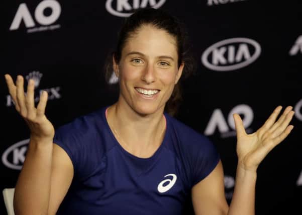 Britain's Johanna Konta gestures during a press conference ahead of the Australian Open tennis championships in Melbourne.