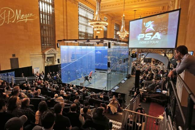 GRAND STAGE: Nick Matthew and James Willstrop play their first round match in the Tournament of Champions in front of a crowd at New York's Grand Central Terminal. Picture: PSA.