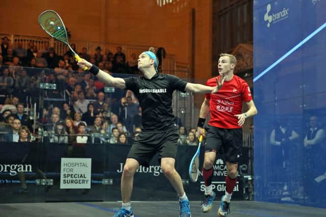 AIMING HIGH: James Willstrop stretches for the ball in his battle with Nick MAtthew in the Tournament of Champions. Picture: PSA.