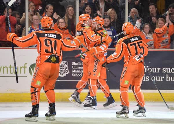 Shefield Steelers; players celebrate during their 6-5 win over Coventry Blaze on Saturday. Picture: Dean Woolley.