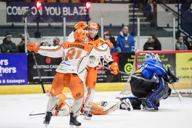 Steelers' Andreas Valdix celebrates scori ng in the 4-3 win against Coventry on Sunday. Picture courtesy of Scott Wiggins/EIHL.