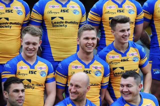 New Leeds Rhinos signing Matt Parcell, back row, centre, is all smiles at the 2017  team photo call on Wednesday.
 Picture : Jonathan Gawthorpe