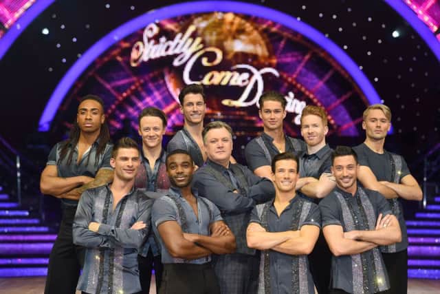 Kevin Clifton, Gorka Marquez, Ed Balls, Aljaz Skorjanec, Ore Oduba and Danny Mac during a photocall for the launch of Strictly Come Dancing Live