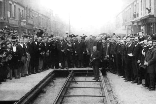 Hull's tramways  Laying of Hull's first electric  tram rail by Alderman Larard 9 june 1898