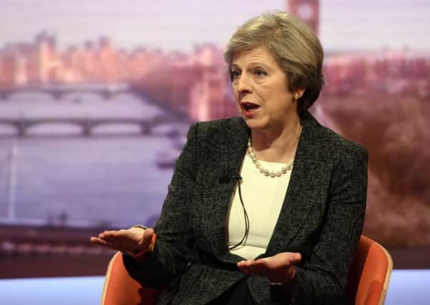 Theresa May appearing on the BBC One current affairs programme, The Andrew Marr Show.