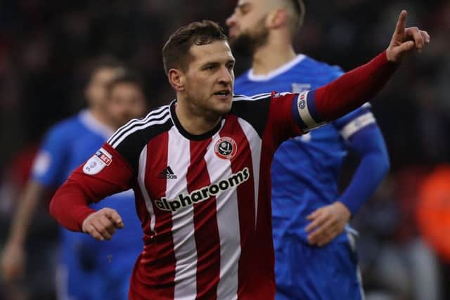 Billy Sharp of Sheffield United celebrates scoring his teams first goal of the game during the League One match at Bramall Lane, Sheffield. Picture date: January 21st, 2017. Pic Jamie Tyerman/Sportimage