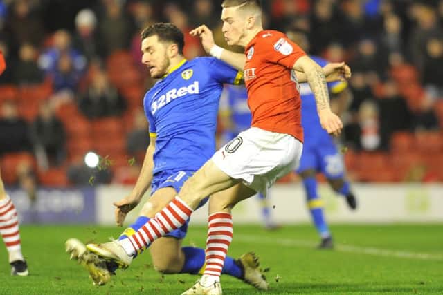 Ryan Kent fires home Barnsley's second goal against Leeds United. (Picture: Tony Johnson)