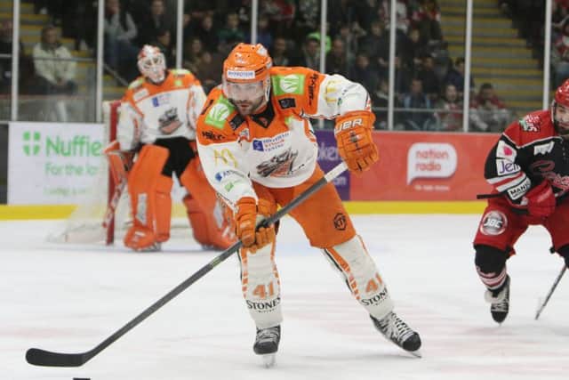 Guillaume Desbines tries to get another Steelers attack going in Cardiff. Picture courtesy of Helen BRabon/EIHL
