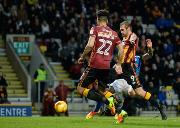 James Hanson pictured scoring for Bradford City against Rochdale (Picture: Bruce Rollinson).