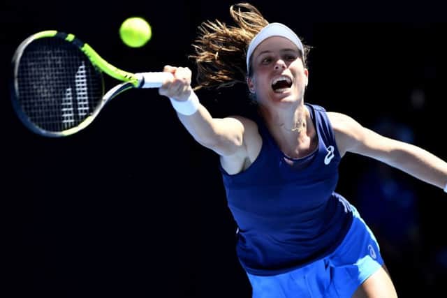 Britain's Johanna Konta makes a forehand return to Serena Williams  in Melbourne,. Picture: AP/Andy Brownbill