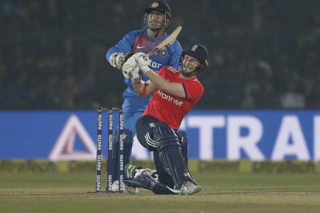 England's captain Eoin Morgan hits a six at Green Park stadium in Kanpur. Picture: AP/Altaf Qadri)