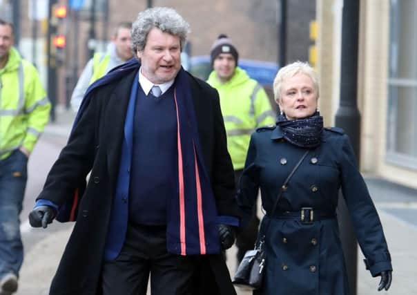 Comedian Rory McGrath arriving with an unidentified woman at Huntingdon Magistrates Court