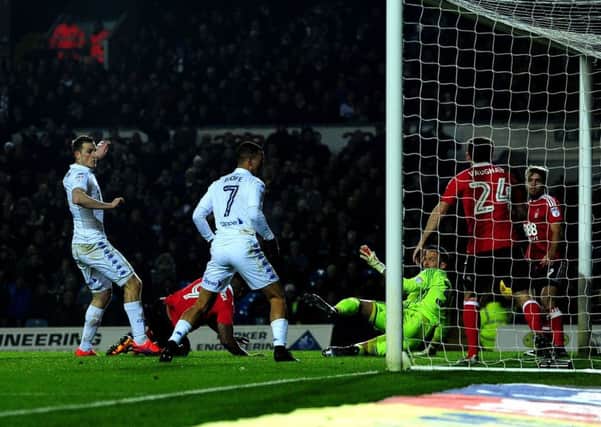 Leeds United striker Chris Wood scores against Nottingham Forest on Wednesday, his 20th of the season (Picture: Jonathan Gawthorpe).