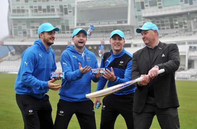 27 January 2017 ....... Mike Fraine, Head of Froneri UK joins Yorkshire players Jack Brooks, Adam Lyth and club captain Gary Ballance to launch Maxibons T20 sponsorship  for the 2017 NatWest T20 Blast competition. The brand owner of Maxibon is North Yorkshire-based Froneri  the worlds third largest ice cream manufacturer. Picture Tony Johnson