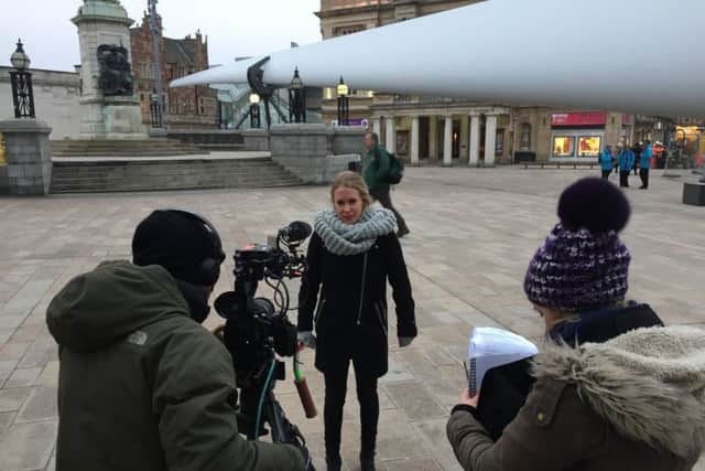 Lucy Beaumont in Queen Victoria Square with Lorian Reed-Drake on camera, Georgina Leslie directing. Picture Nicky Lessware.