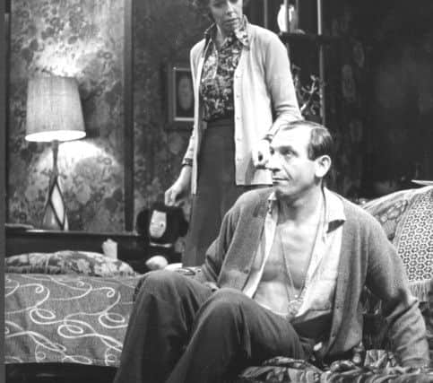 Frances de la Tour as Miss Jones and Leonard Rossiter as Rigsby in an early episode of Rising Damp. 1974