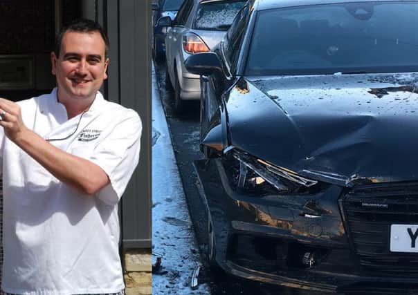 Rafael Chandler (left) and his damaged Audi (right)