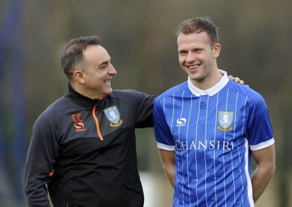 Sheffield Wednesday new signing Jordan Rhodes with Carlos Carvalhal.   Picture Steve Ellis