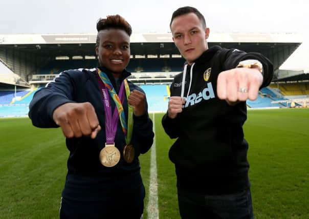 Josh Warrington (right) and Double Olympic Gold Medallist Nicola AdamsÂ OBE at their press conference at Elland Road.