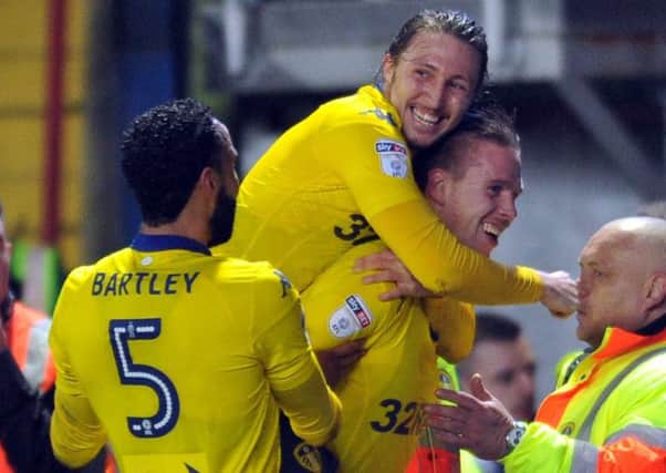 Pontus Jansson scores a late winner celebrated with Luke Ayling and Kyle Bartley. Picture Tony Johnson.