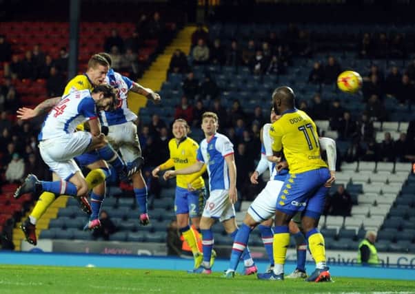 Pontus Jansson buries a late header to put the Whites in front.  Picture Tony Johnson.