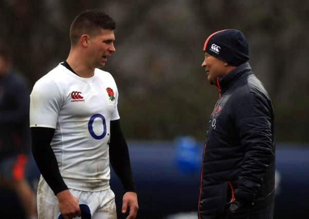 England's Ben Young's and coach Eddie Jones pictured during a training session at Pennyhill Park, Bagshot this week (Picture: John Walton/PA Wire).