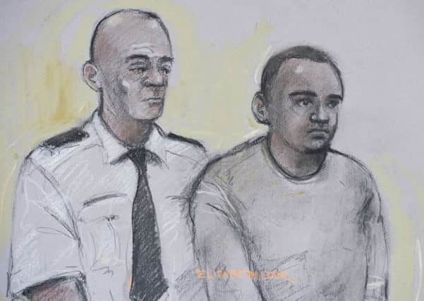 Court sketch by Elizabeth Cook of Zakaria Bulhan at Westminster Magistrates Court
