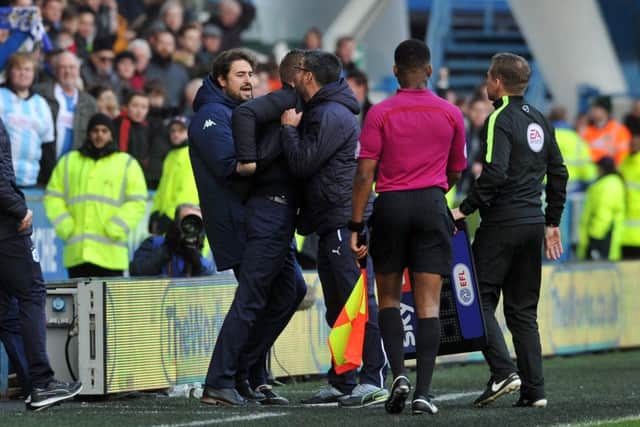 TOUCHLINE TIFF: Garry Monk and David Wagner clash on the touchline. Picture: Tony Johnson.
