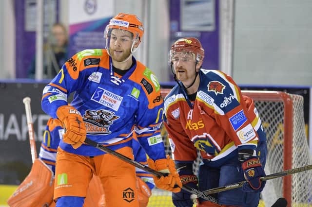 Sheffield Steelers' defenceman, Ben O'Connor, left. Picture: Dean Woolley.