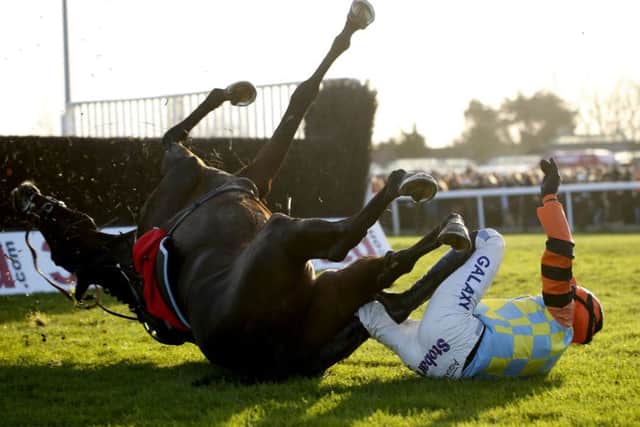 Might Bite and Daryl Jacob fall at the last fence during The 32Red Kauto Star Novices' Steeple Chase Race run during day one of the 32Red Winter Festival at Kempton Park racecourse. (Picture: Julian Herbert/PA Wire)