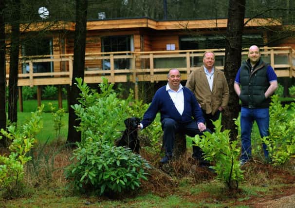 Brothers (L-R) Tony, Rob and Ed Fawcett by one of the tree houses at Studford Luxury Lodges near Sproxton.