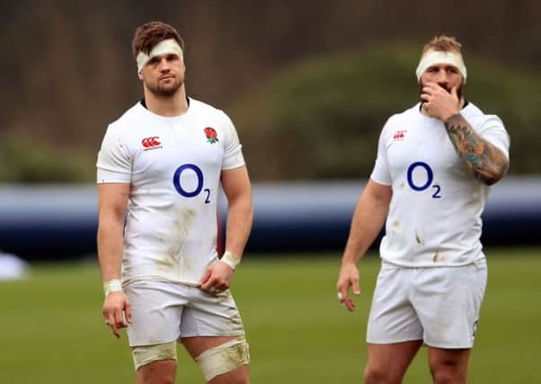 England's Jack Clifford and Joe Marler during the training session at Pennyhill Park. Picture: Adam Davy/PA.