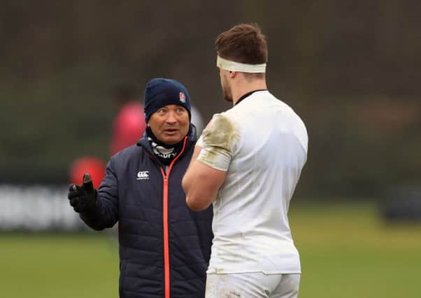 England head coach Eddie Jones with Jack Clifford during training yesterday at Pennyhill Park, Bagshot (Picture: Adam Davy/PA Wire).