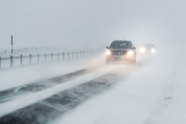 Cars in whiteout conditions on the A66 in Northern England