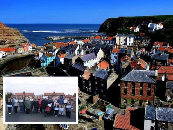 The village of Staithes and inset, protestors object to the phone mast.