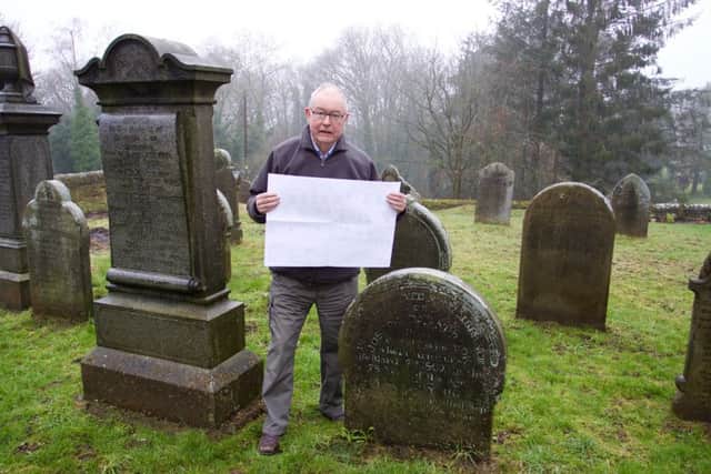 Chris Goodall beside the grave of Mary Darnbrook nÃ©e Bentley, whose family tree includes Mick Jagger.